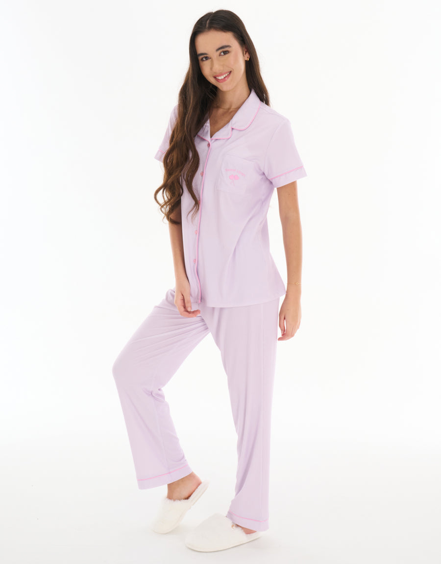 Short-Sleeve Shirt with Pants Pajama Set in Dark Purple