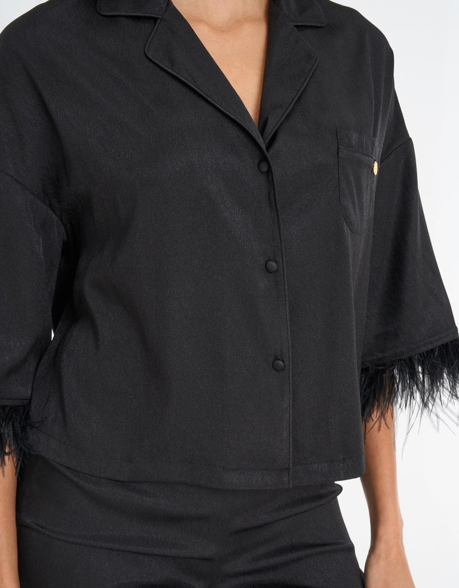 Feather-Trim Satin Pajama Set