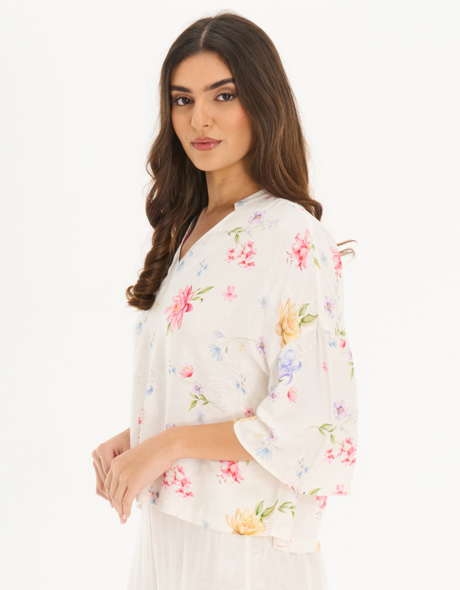 Midi-Sleeve Shirt with Pants Pajama Set in Cream