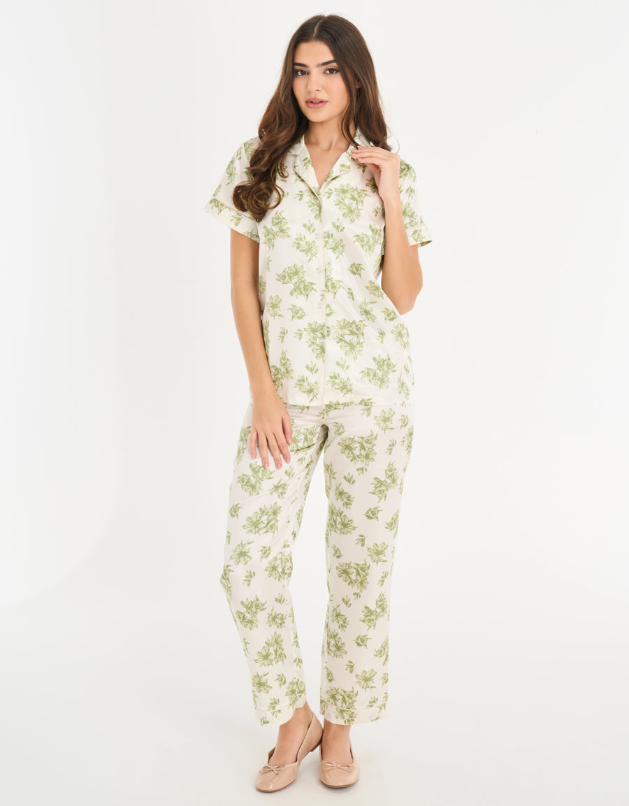Satin Short-Sleeve Shirt with Pants Pajama Set in Cream