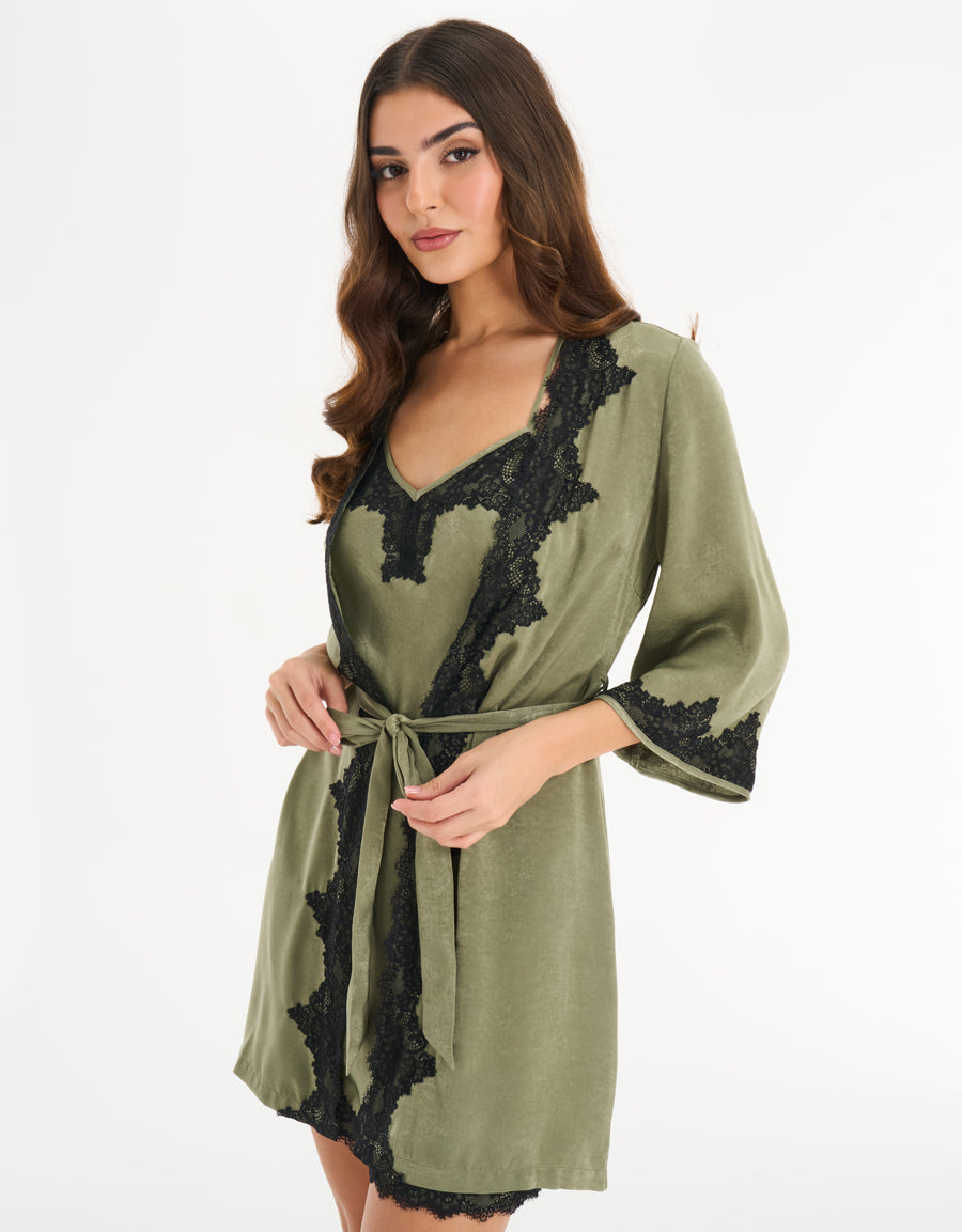 Satin Short Nightdress and Robe in Dark Green