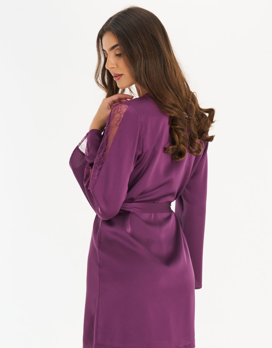 Satin Short Nightdress and Robe in Dark Purple