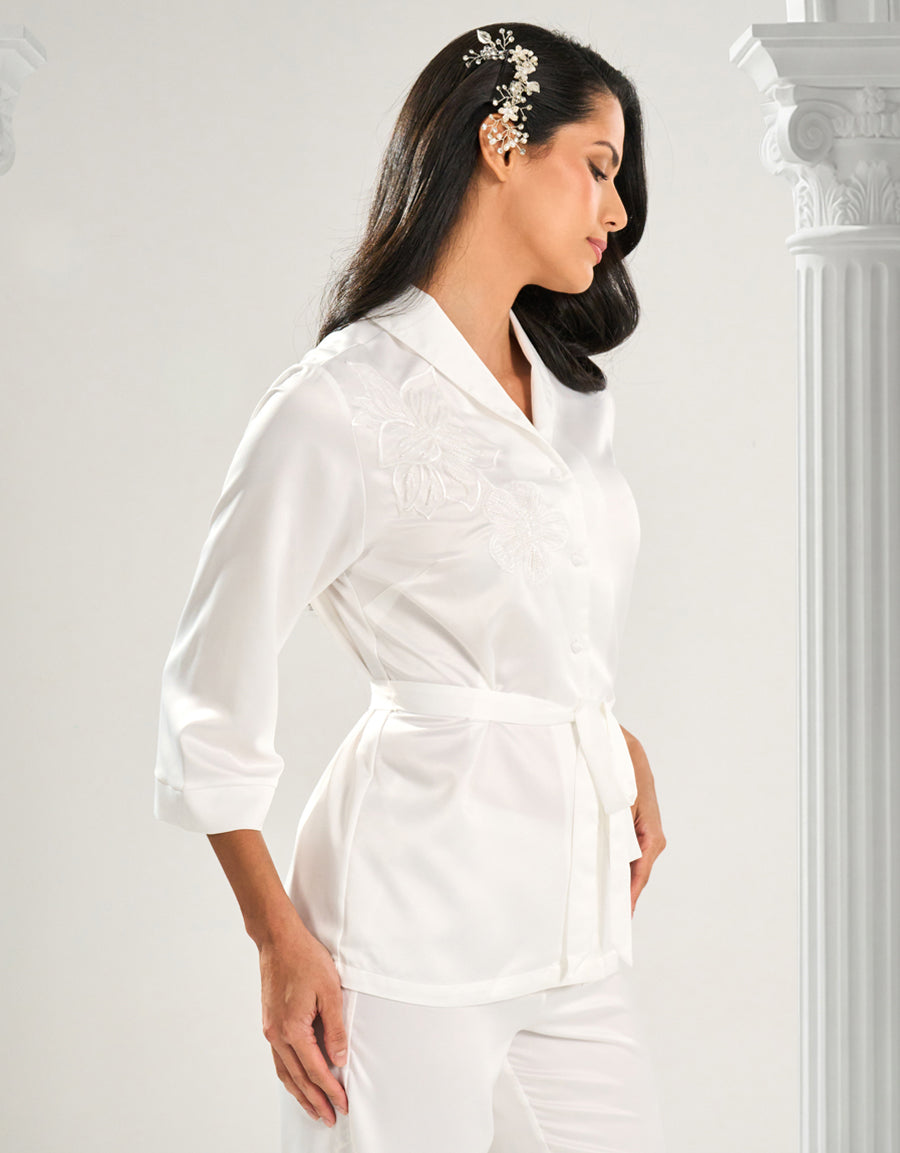 Satin Midi-Sleeve Shirt with Pants Pajama Set in Ivory