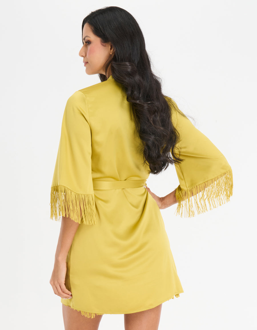 Fringed Satin Short Dress and Robe Set