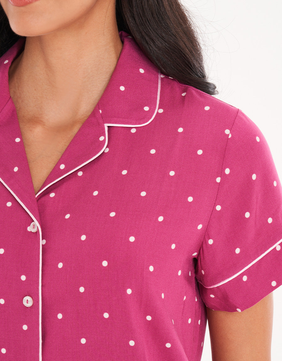 Micro-Dot Short-Sleeve Long Pink Pajama Set