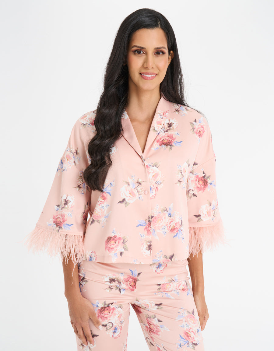 Feather-Trim Satin Pajama Set