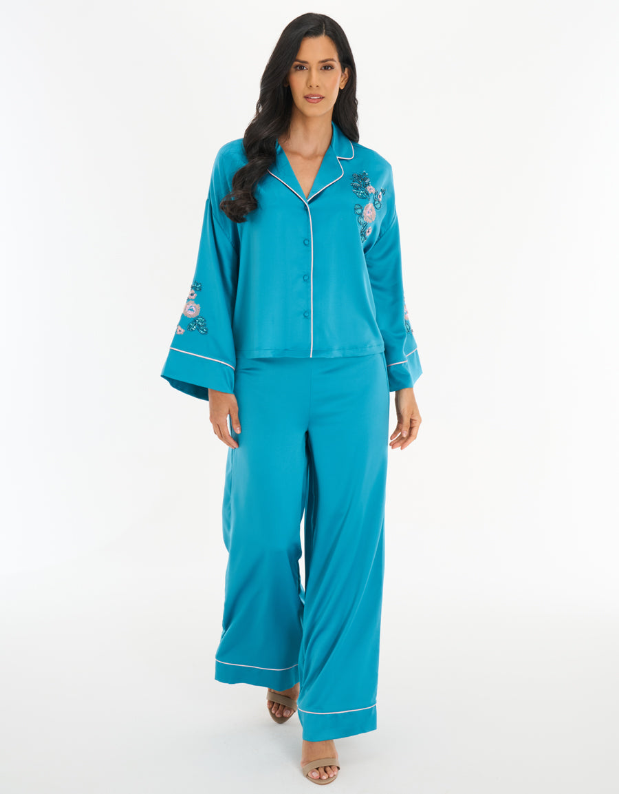 Satin Midi-Sleeve Shirt with Pants Pajama Set in Blue