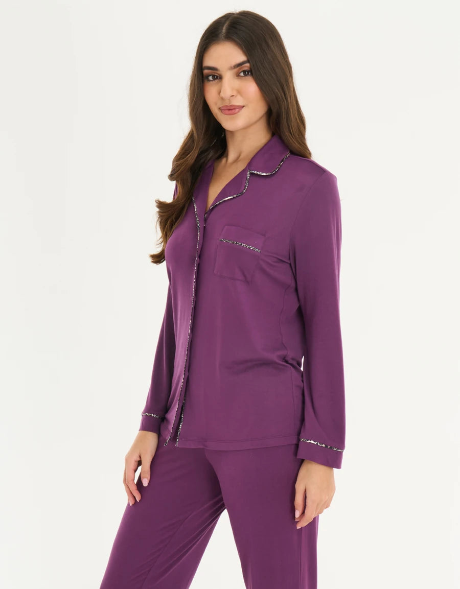 Ribbon-Trim Leopard Print Pajama Set