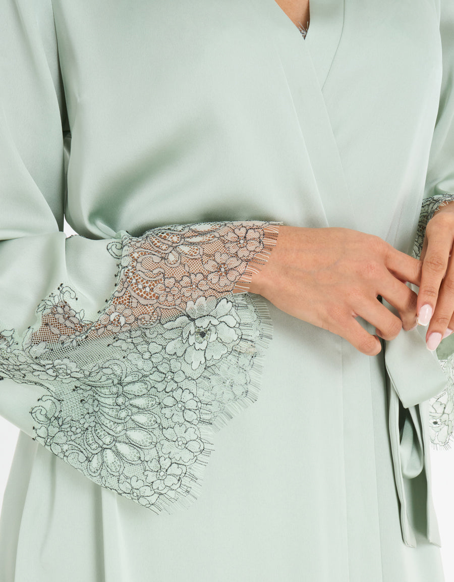Lace-Trim Satin Long Robe