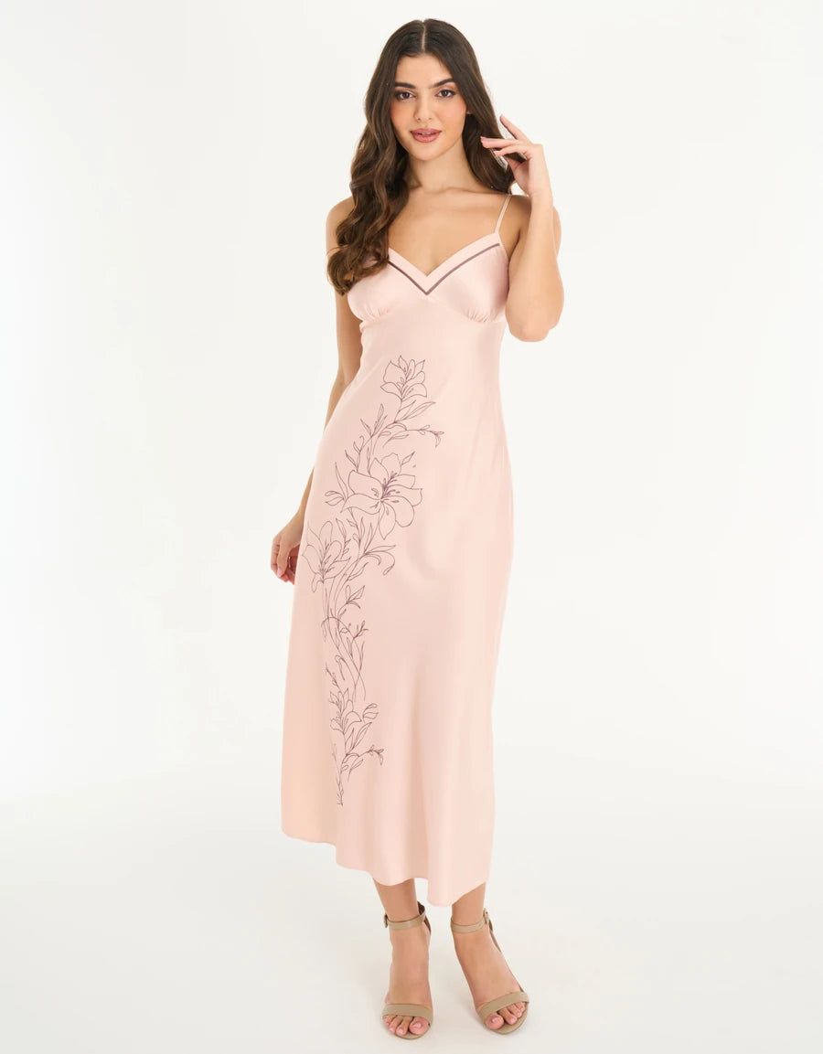 Floral Print Satin Long Nightdress