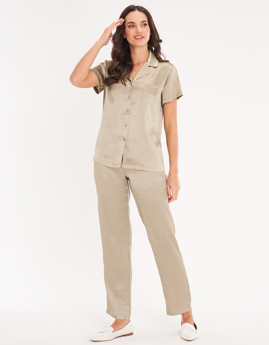 Satin Short-Sleeve Long Pajama Set