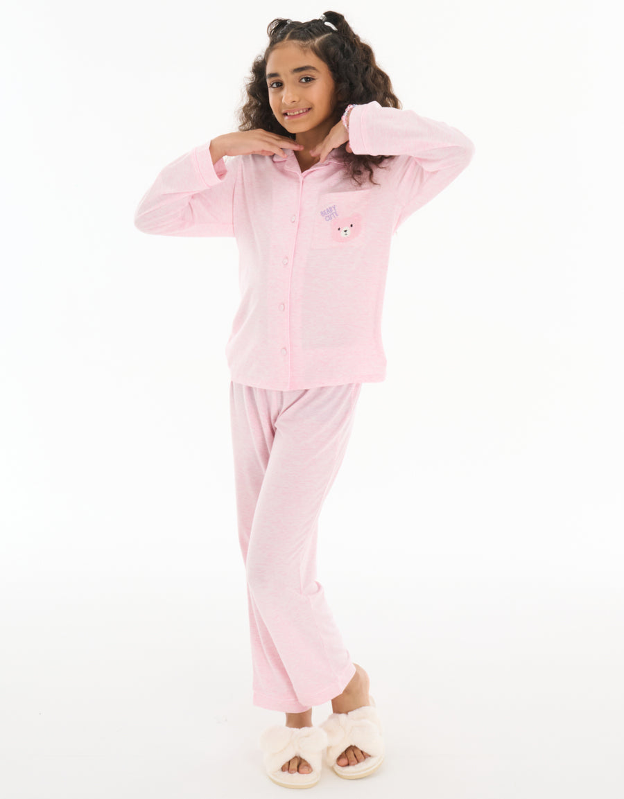 Long-Sleeve Shirt with Pants Pajama Set in Light Pink