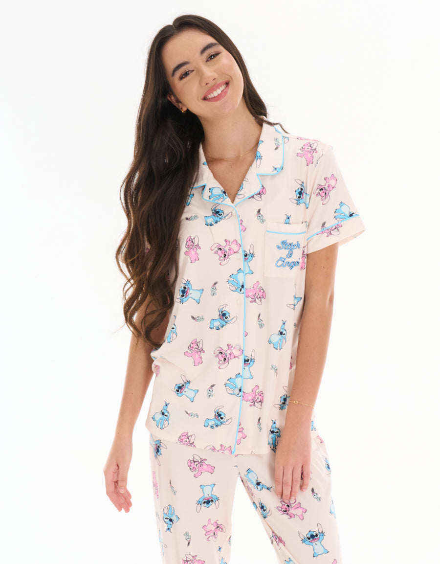 Short-Sleeve Shirt with Pants Pajama Set in Light Pink