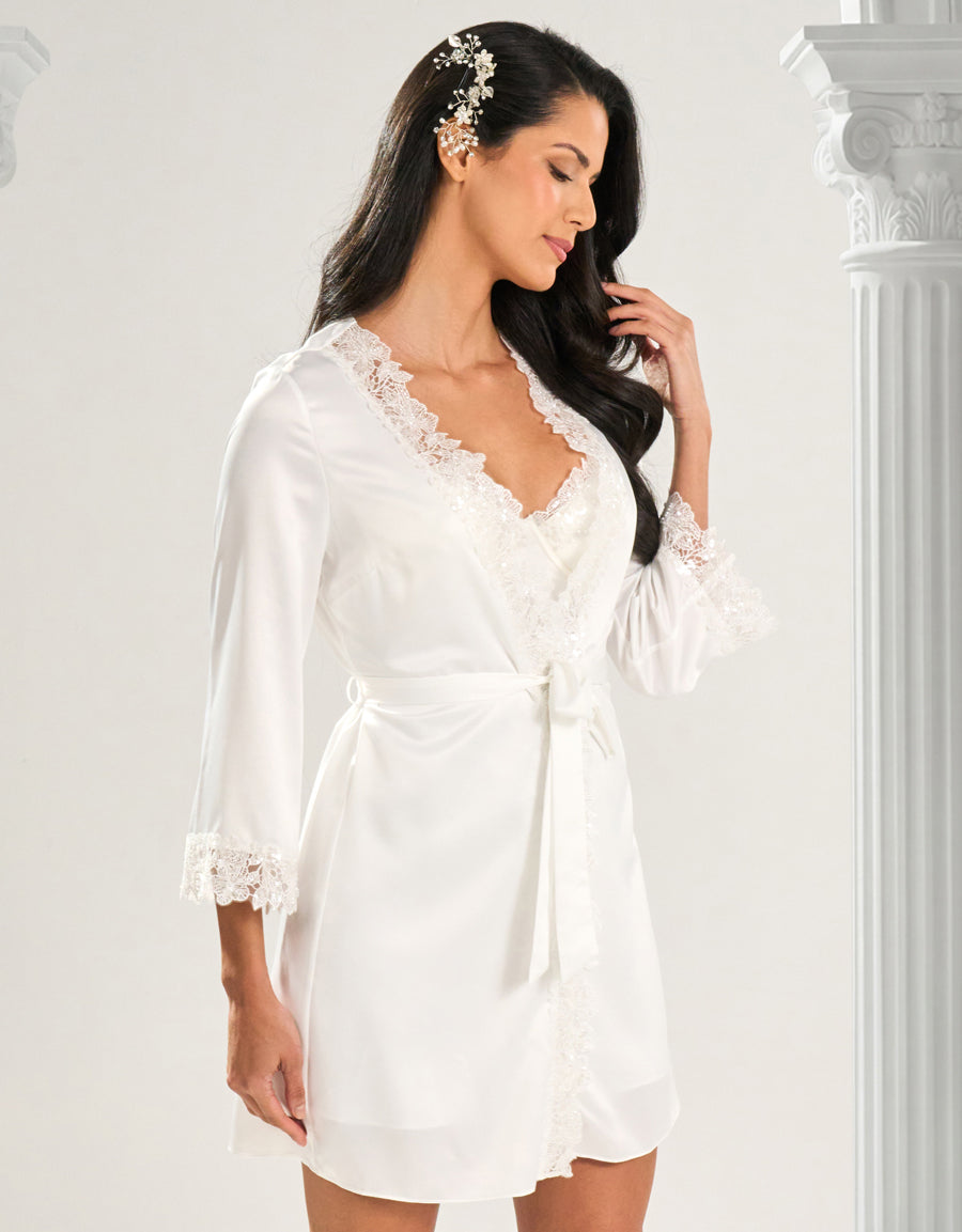 Satin Short Nightdress and Robe in Ivory