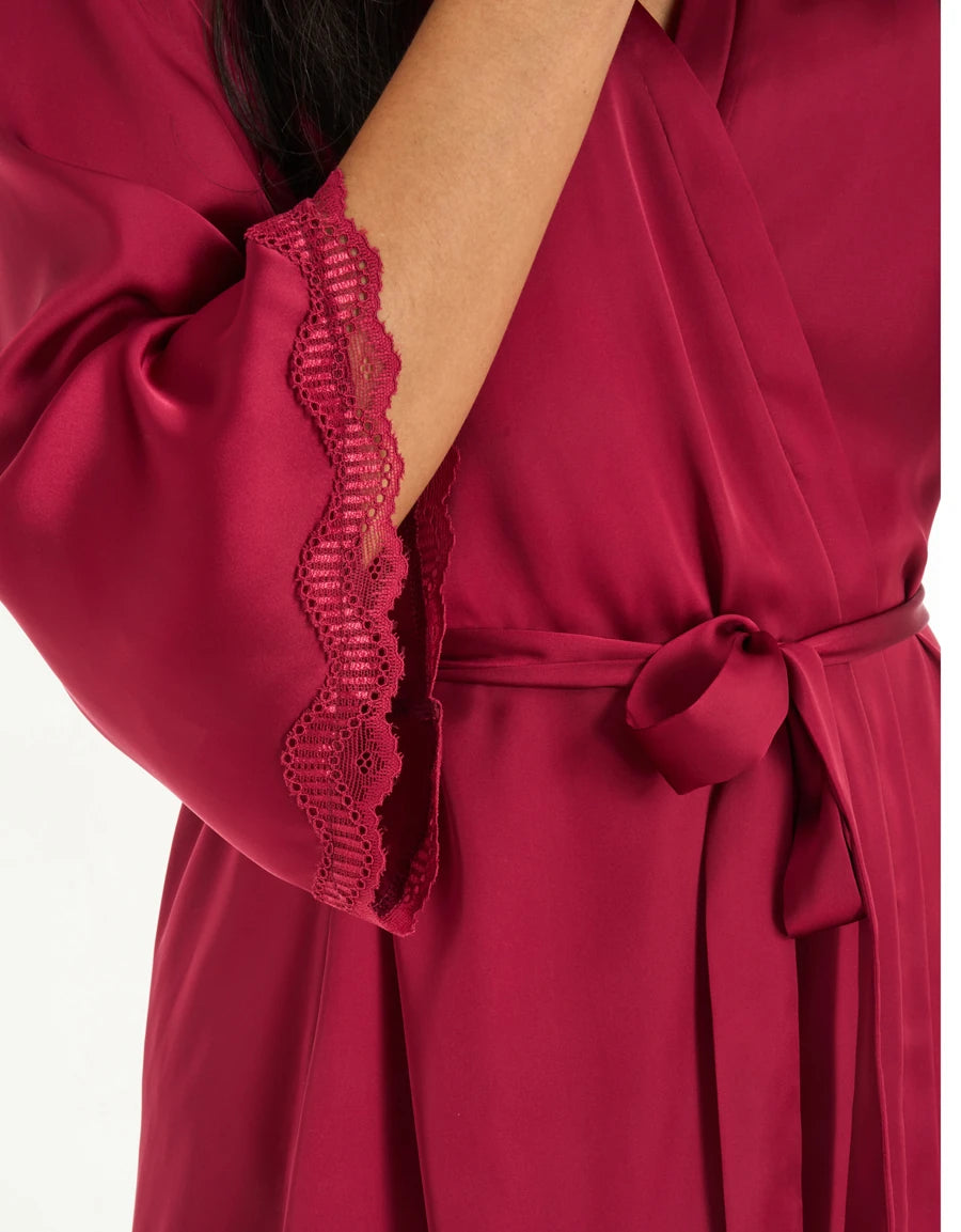Lace-Trim Satin Short Robe