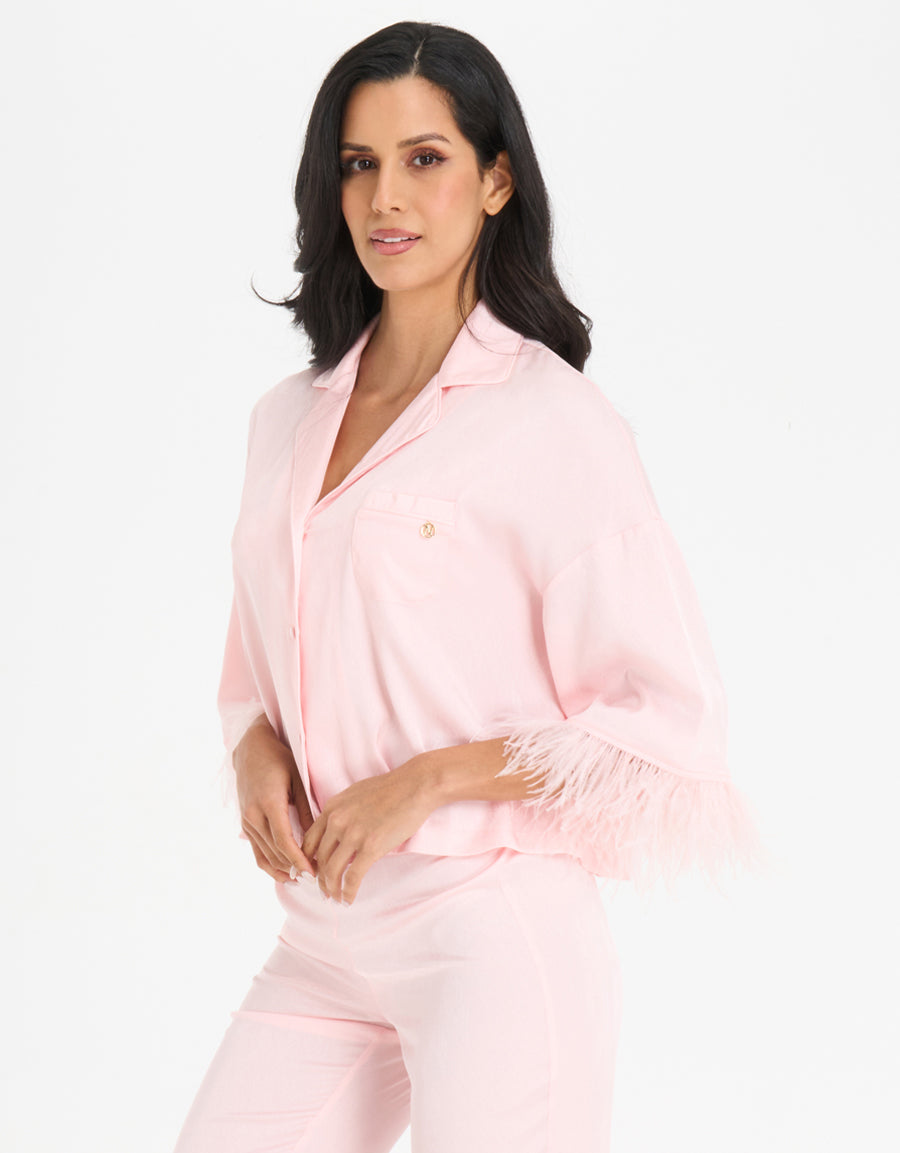 Feather-Trim Satin Pajama Set