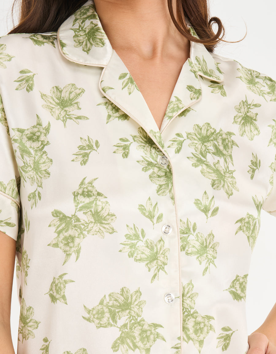 Satin Short-Sleeve Shirt with Pants Pajama Set in Cream