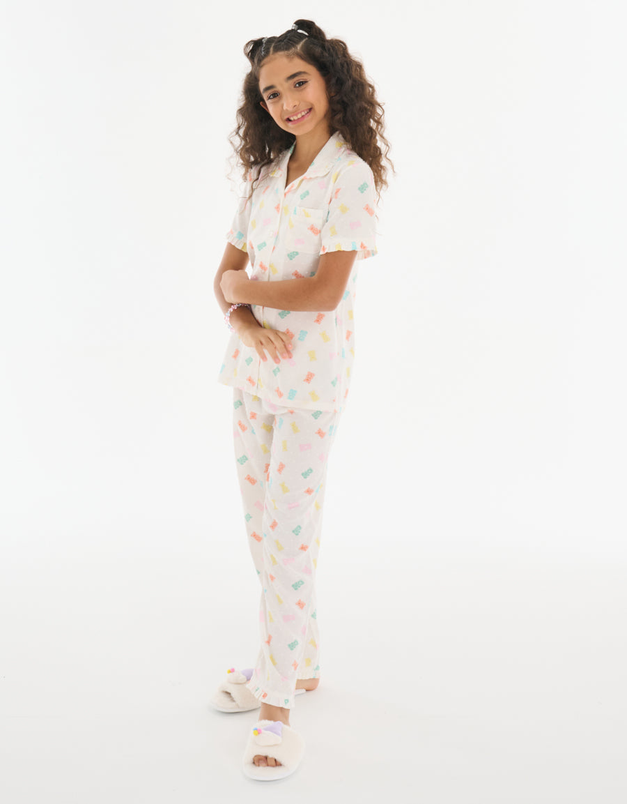 Short-Sleeve Shirt with Pants Pajama Set in White