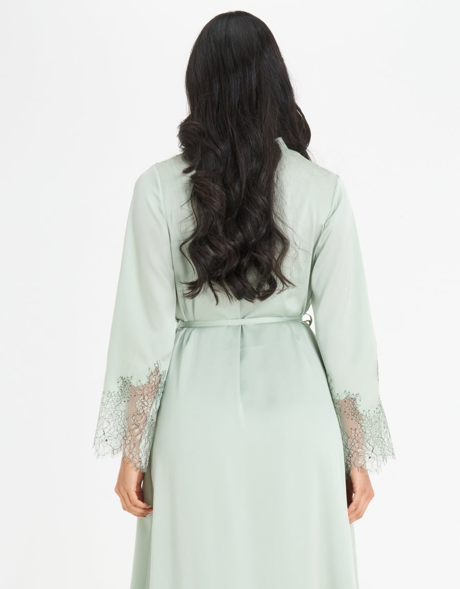Lace-Trim Satin Long Robe