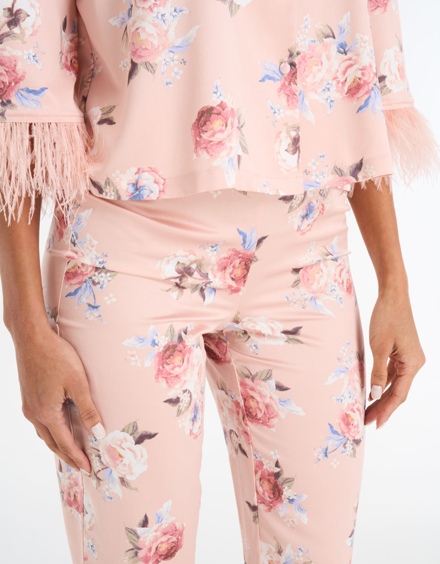 Feather-Trim Satin Pajama Set