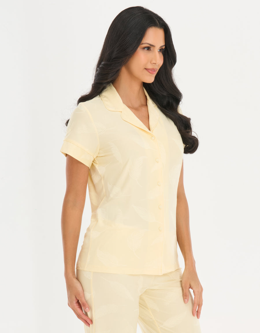 Jersey Short-Sleeve Shirt with Pants Pajama Set in Light Yellow