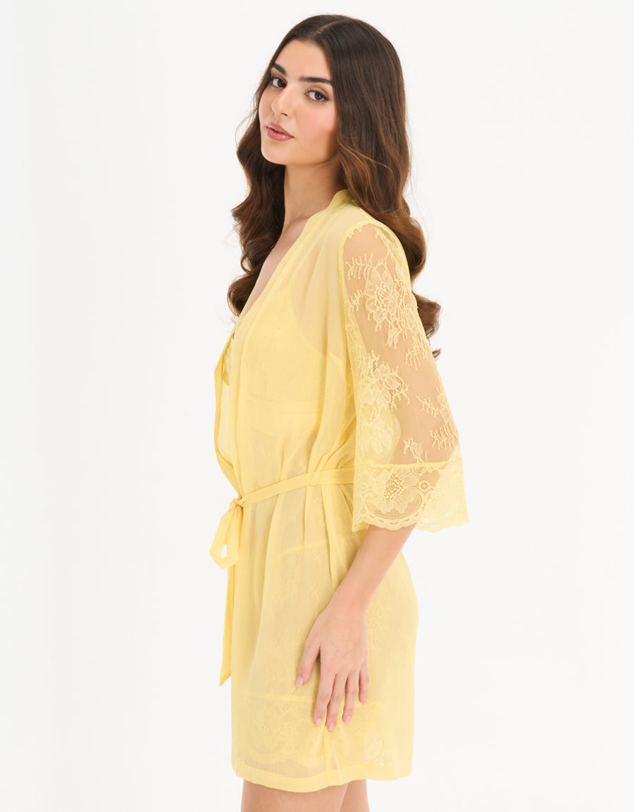 Chiffon Short Nightdress and Robe in Yellow