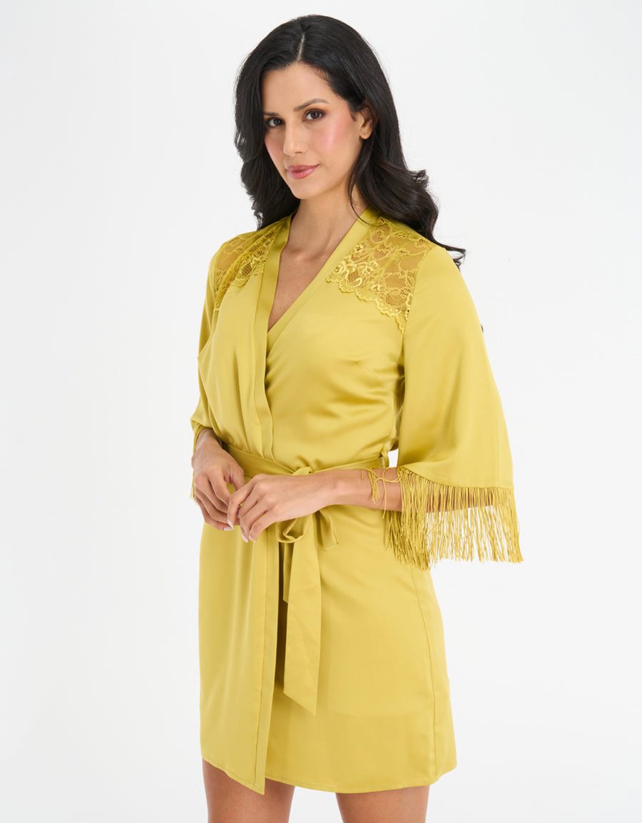 Fringed Satin Short Dress and Robe Set