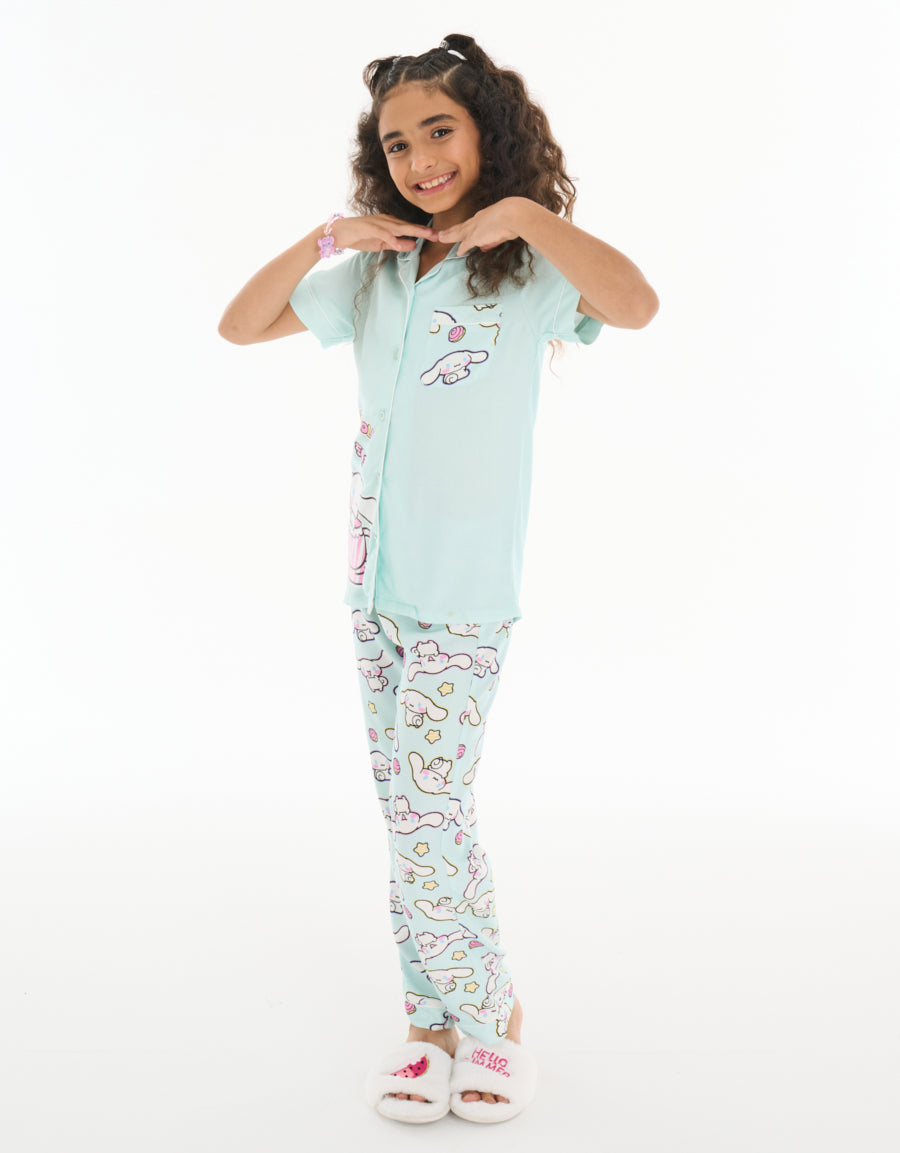 Short-Sleeve Shirt with Pants Pajama Set in Light Green
