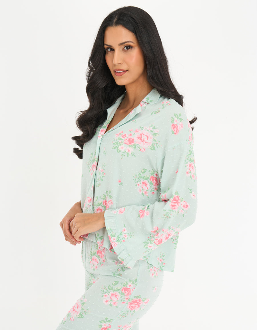 Long-Sleeve Shirt with Pants Pajama Set in Light Green