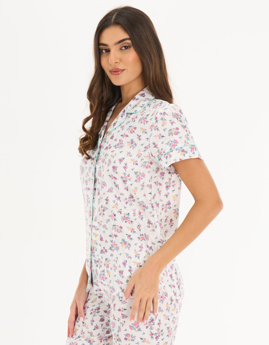Satin Short-Sleeve Shirt with Pants Pajama Set in White
