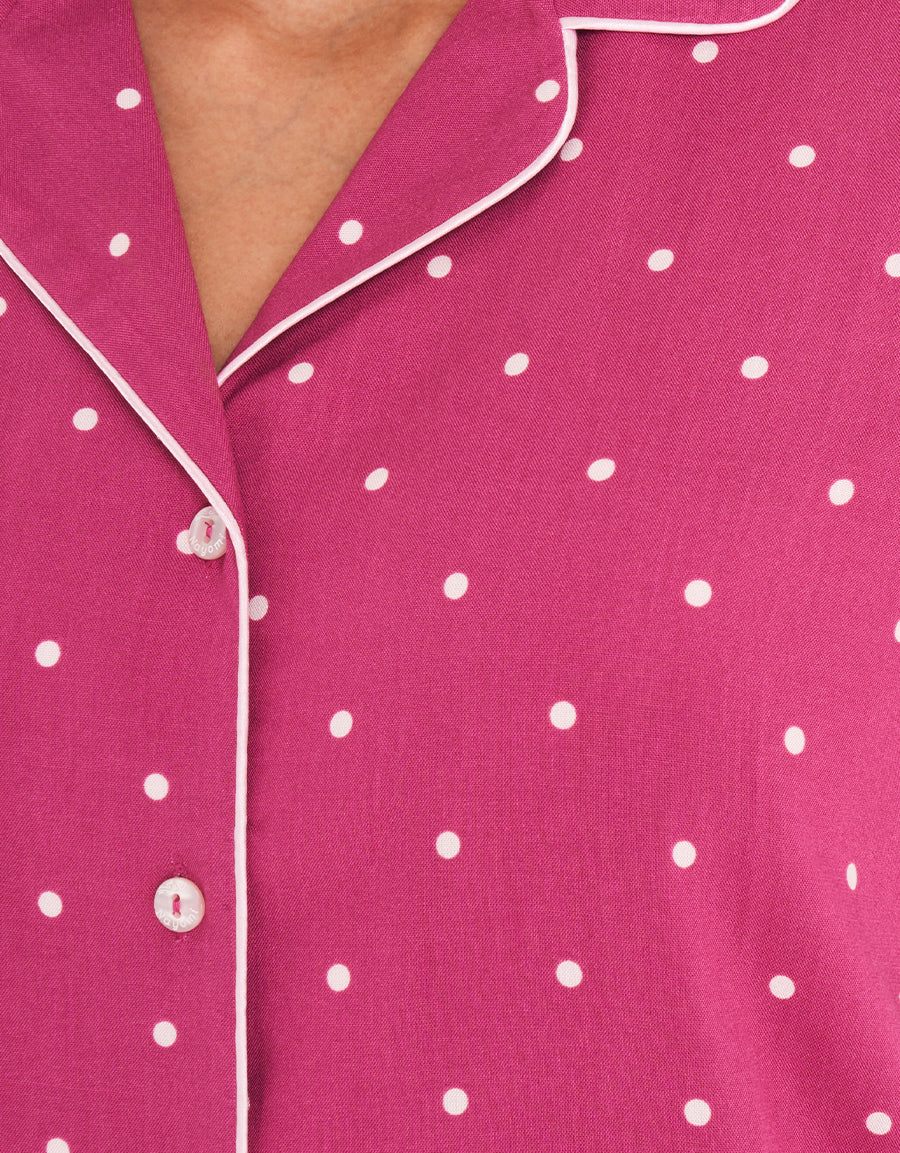 Micro-Dot Short-Sleeve Long Pink Pajama Set