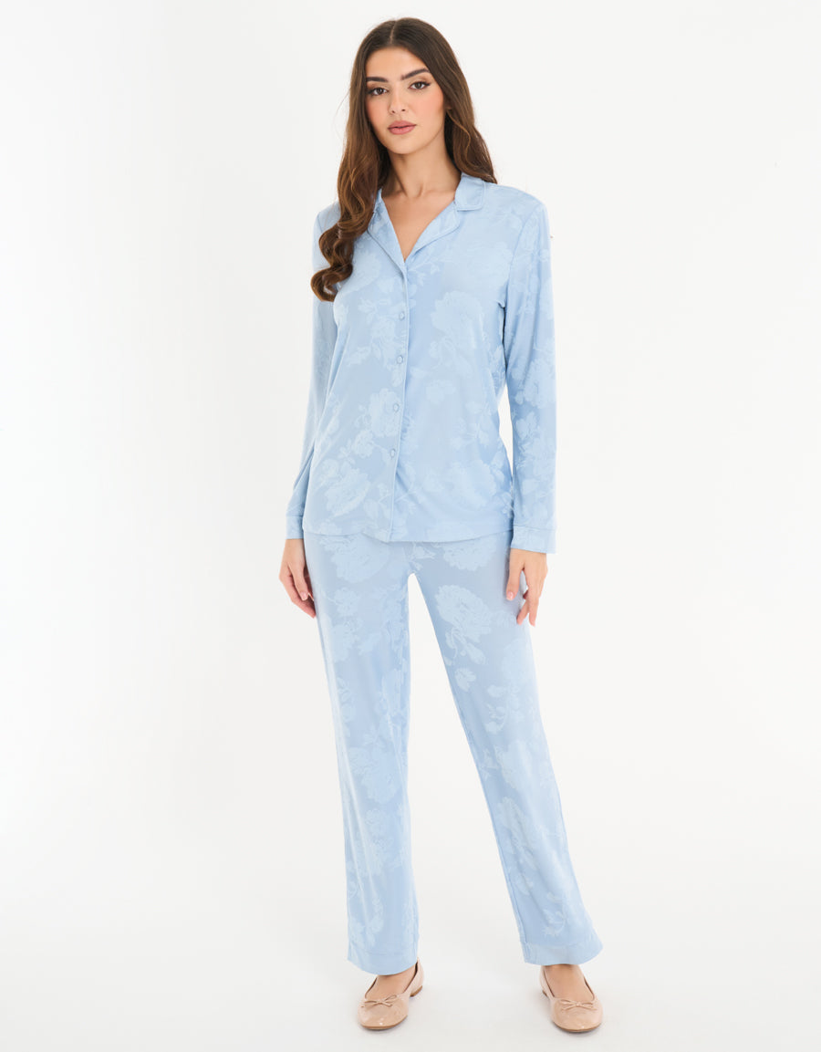 Jersey Long-Sleeve Shirt with Pants Pajama Set in Light Blue