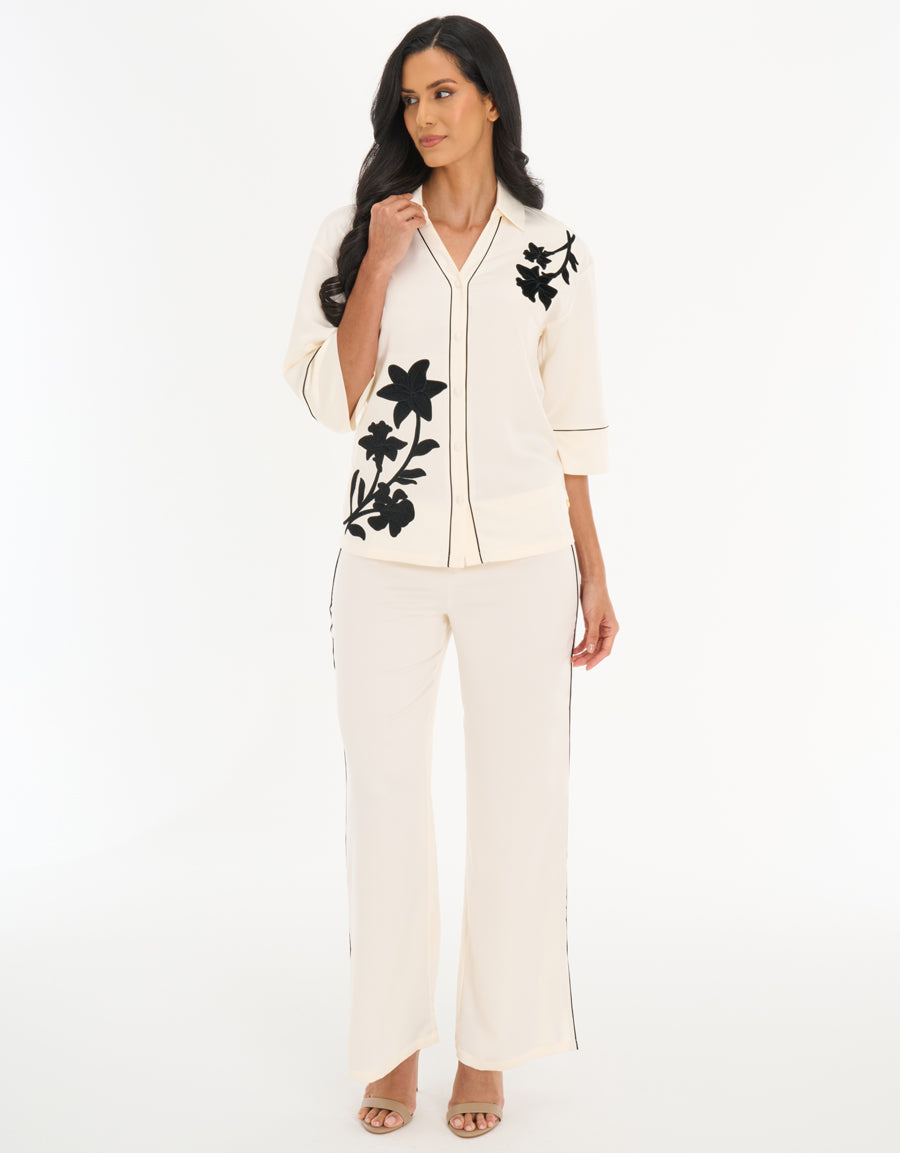 Satin Midi-Sleeve Shirt with Pants Pajama Set in Cream