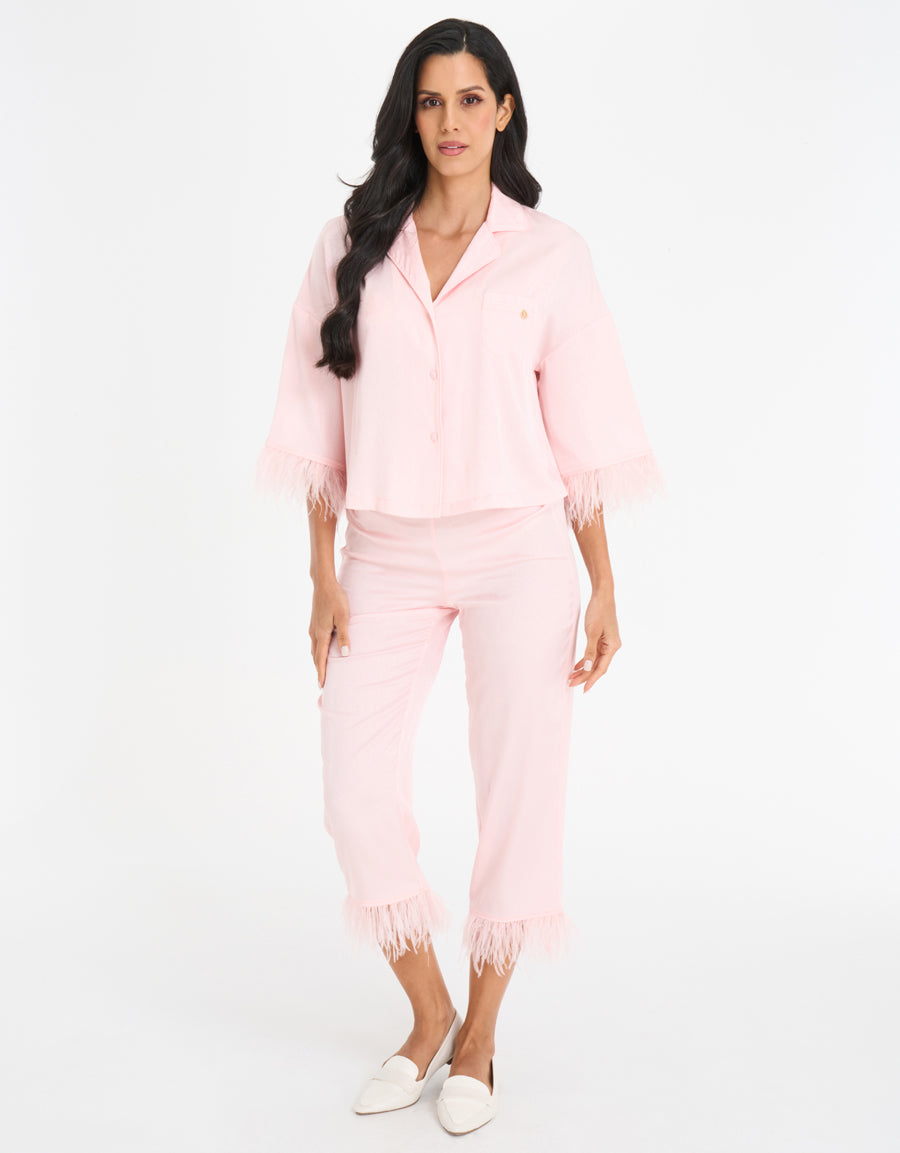 Feather-Trim Satin Pajama Set