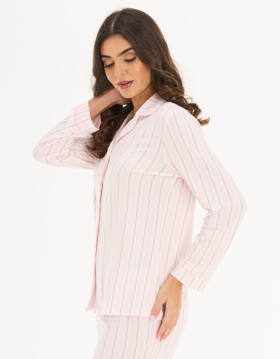 Jersey Long-Sleeve Shirt with Pants Pajama Set in White