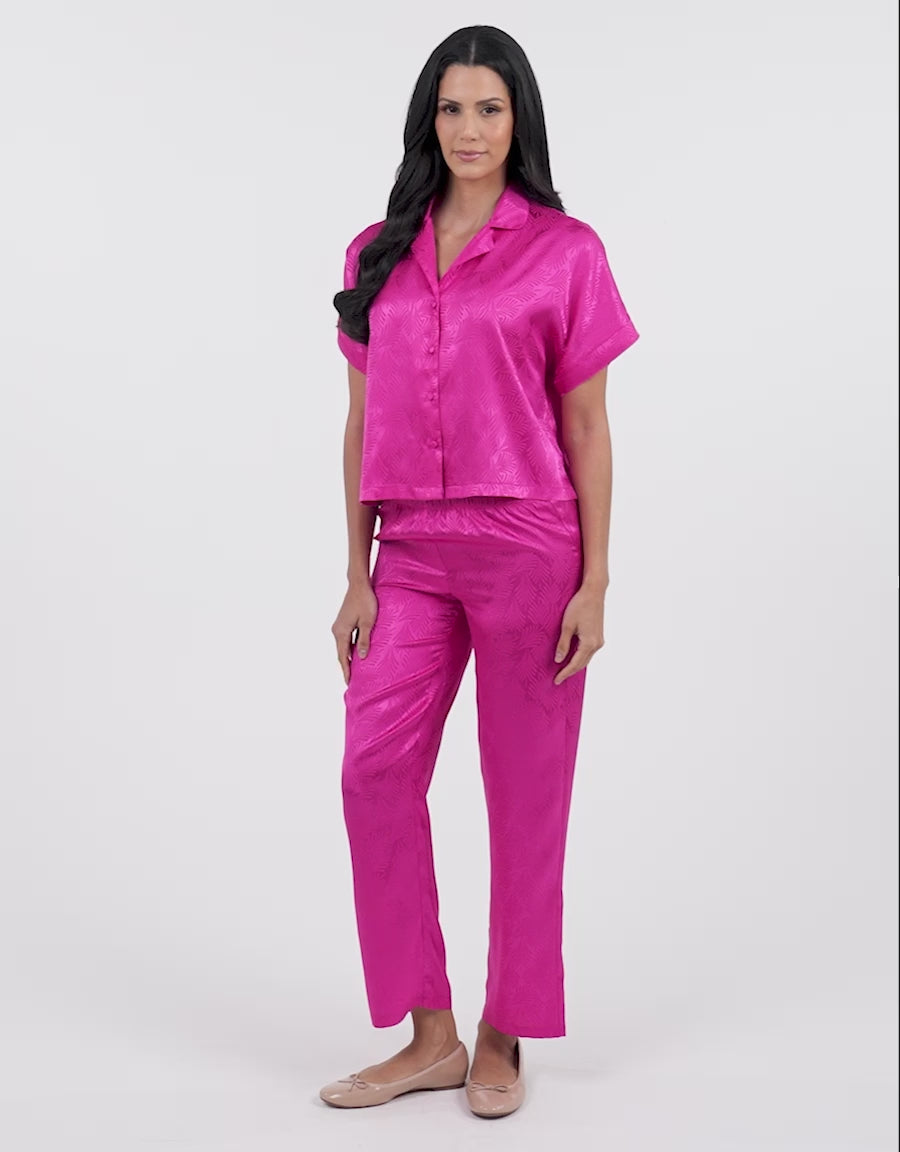Satin Short-Sleeve Shirt with Pants Pajama Set in Dark Pink