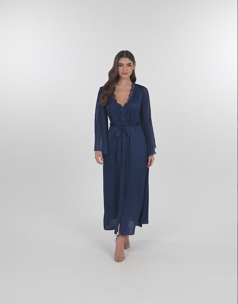 Lace-Trim Satin Long Robe