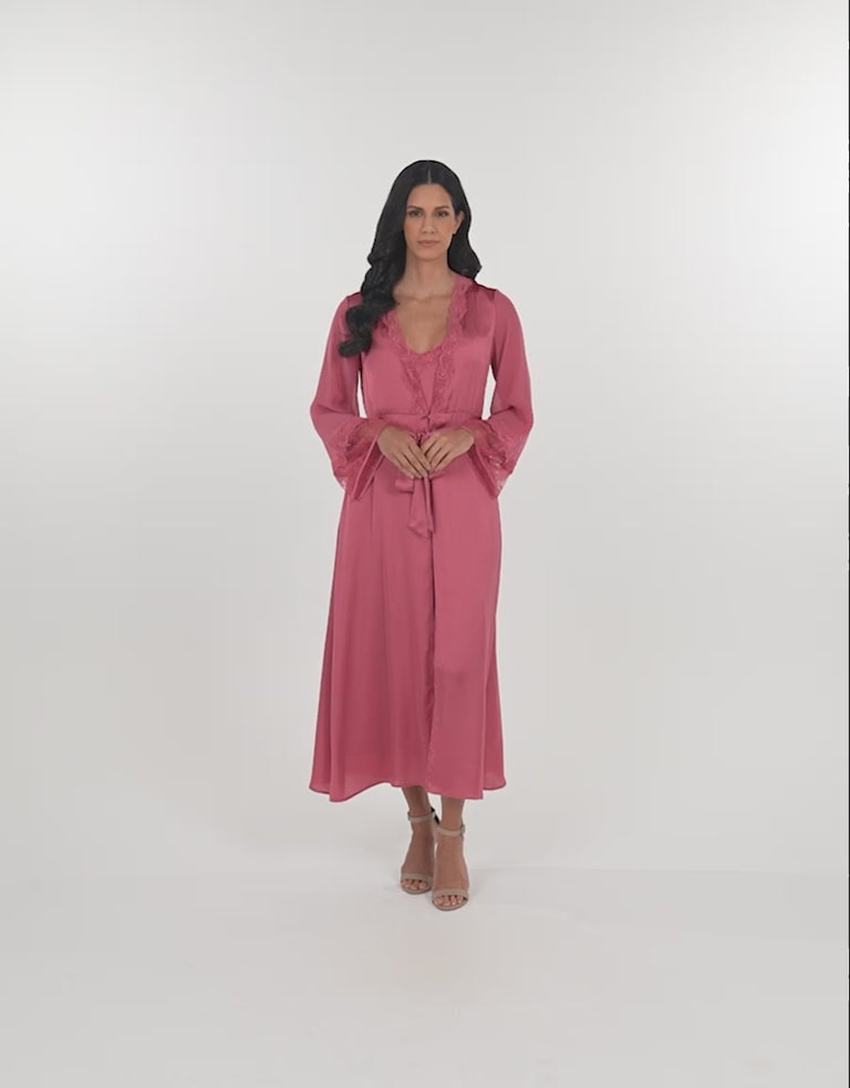 Lace-Trim Satin Long Robe