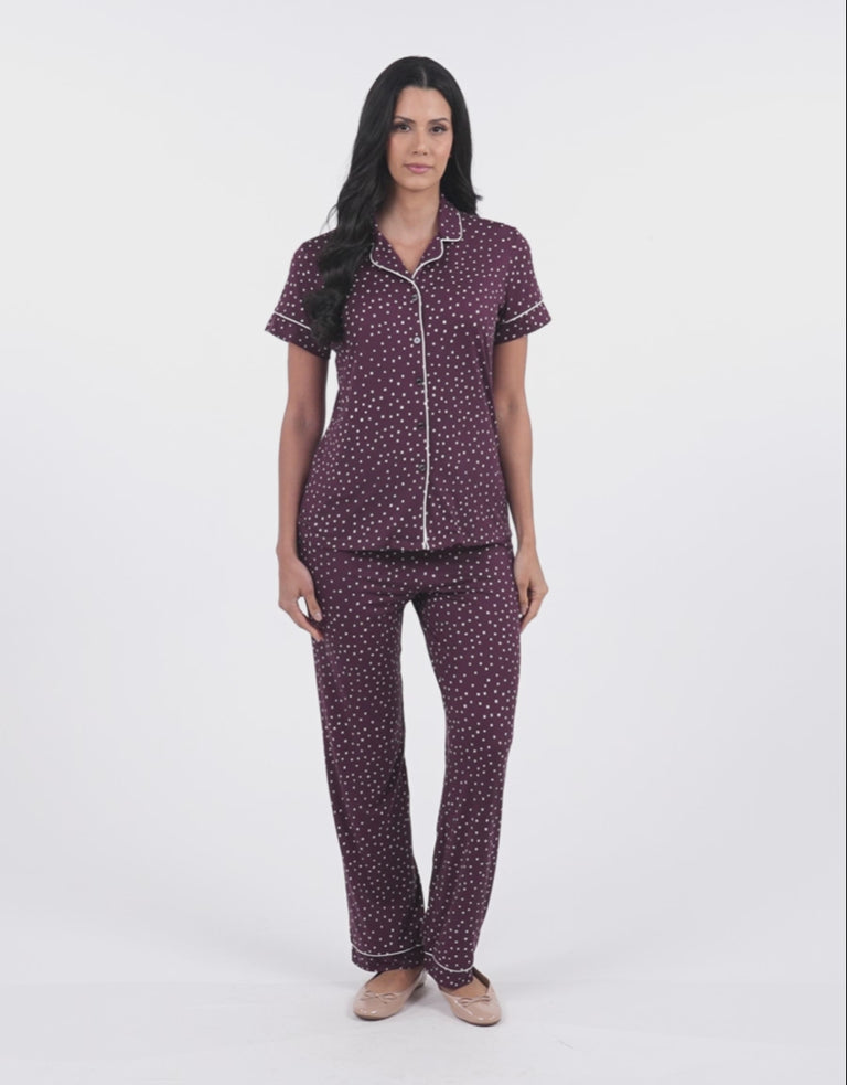 Short-Sleeve Shirt with Pants Pajama Set in Burgundy