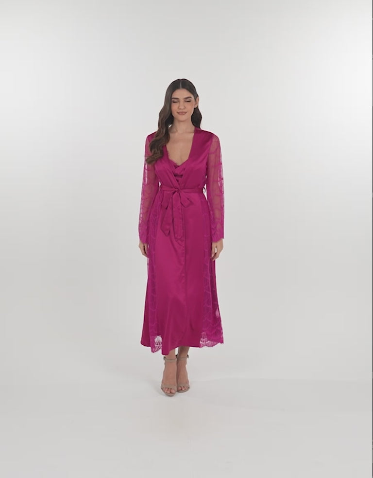 Lace-Trim Satin Long Robe