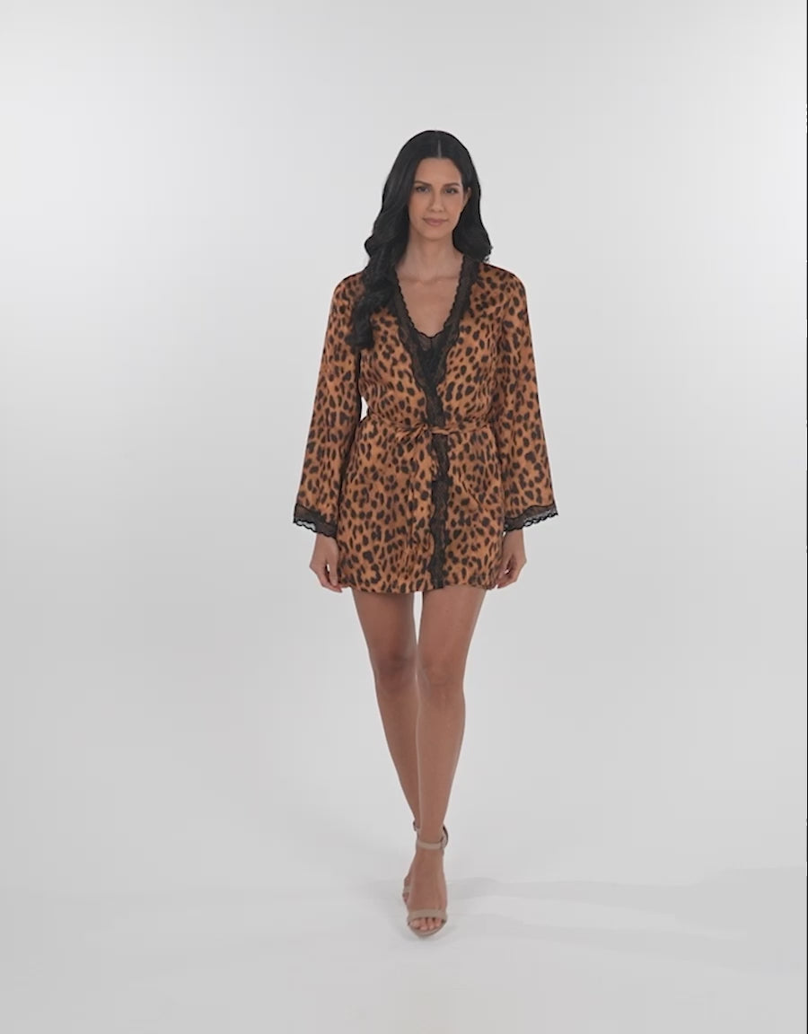 Lace-Trim Leopard Print Satin Short Robe