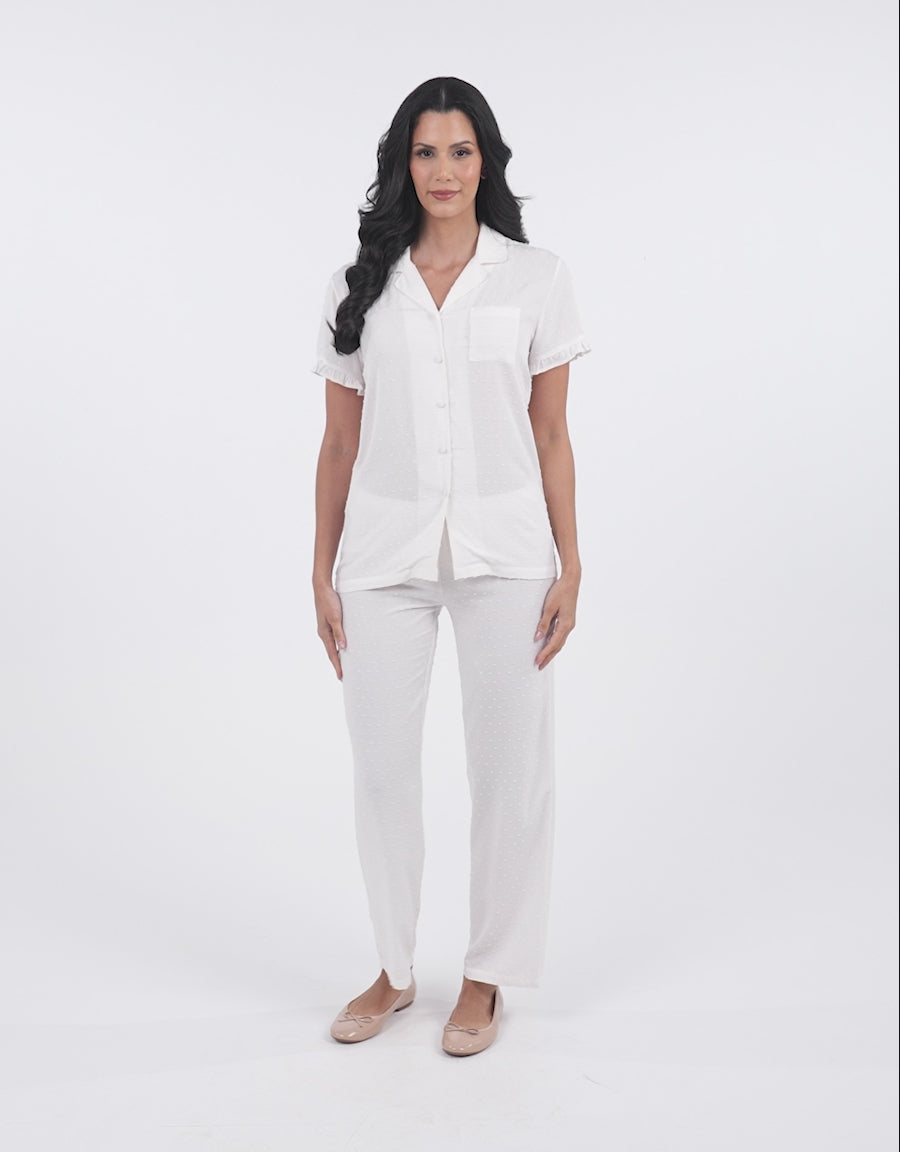 Short-Sleeve Shirt with Pants Pajama Set in White