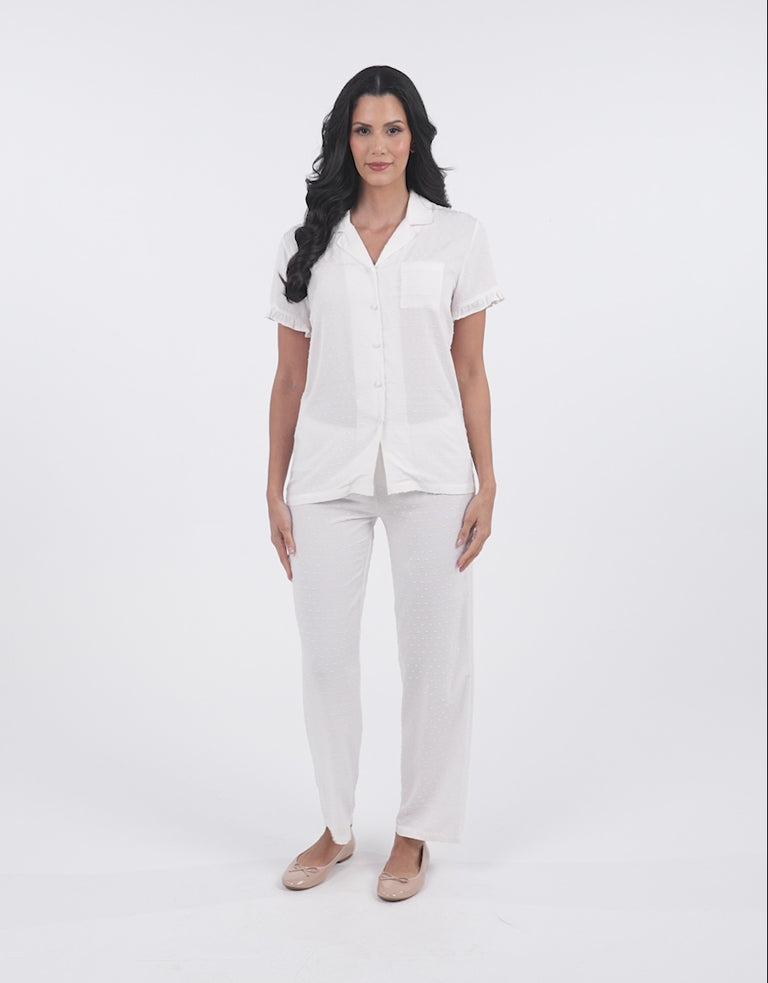 Short-Sleeve Shirt with Pants Pajama Set in White