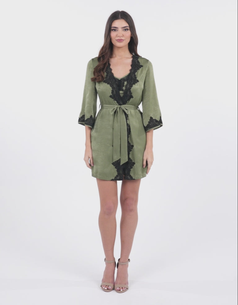 Satin Short Nightdress and Robe in Dark Green