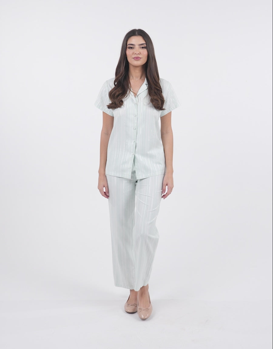 Short-Sleeve Shirt with Pants Pajama Set in Light Green