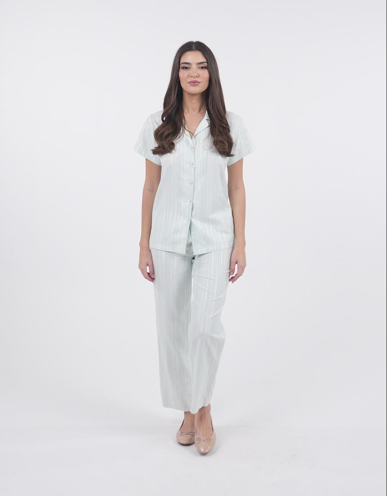 Short-Sleeve Shirt with Pants Pajama Set in Light Green