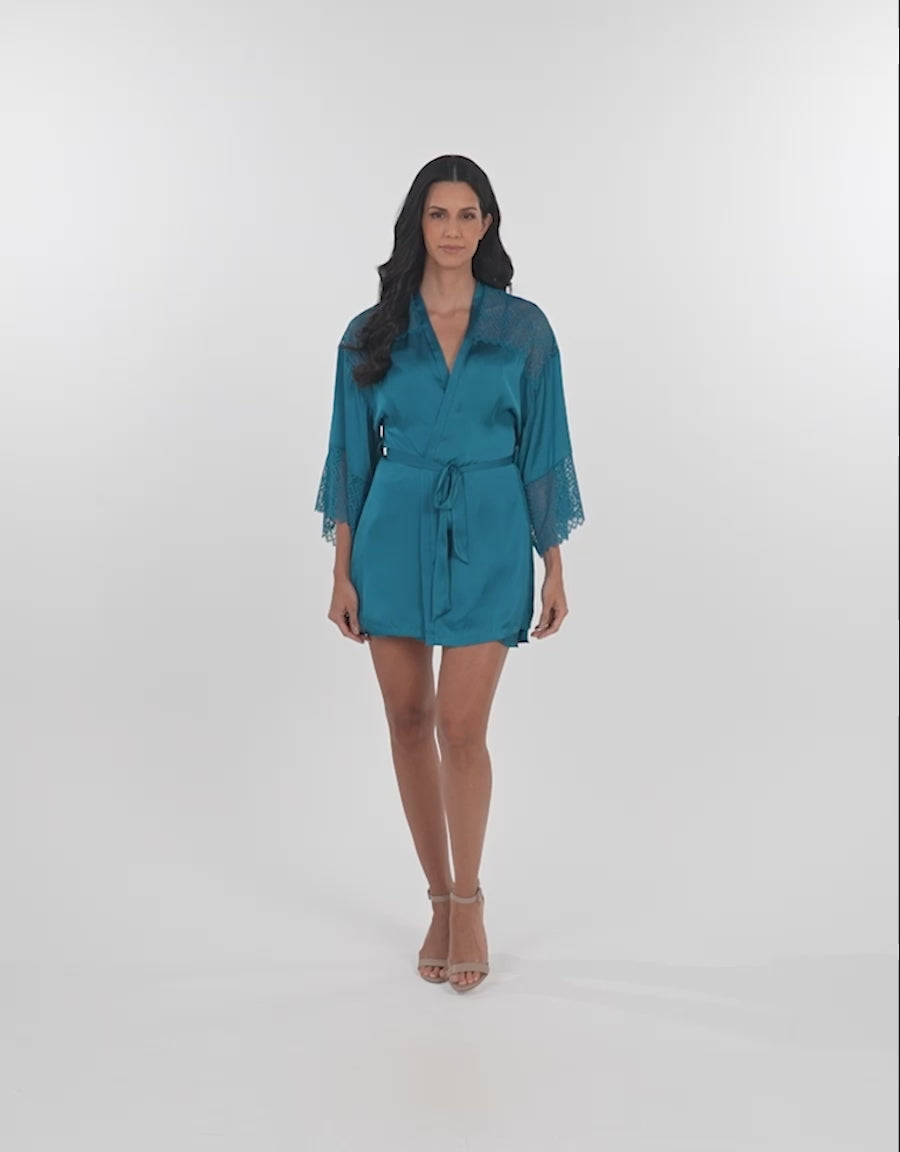 Lace-Trim Satin Short Robe