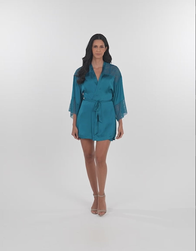 Lace-Trim Satin Short Robe