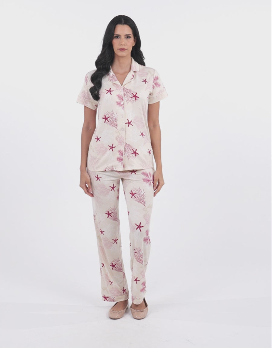 Short-Sleeve Shirt with Pants Pajama Set in Cream