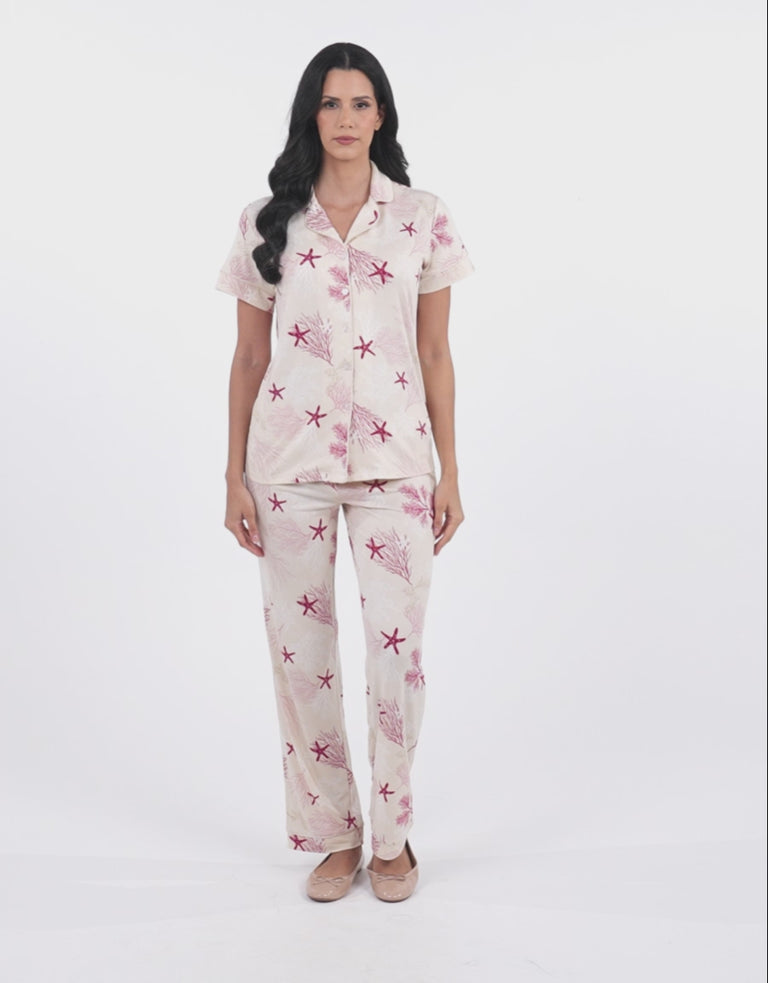 Short-Sleeve Shirt with Pants Pajama Set in Cream